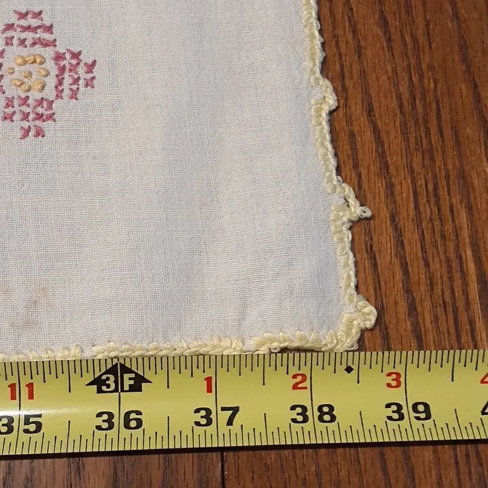 Vintage cross stitched embroidery butterflies flowers table runner w/tatted edge